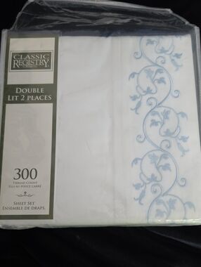 Double Sheet Set in White with Light Blue Embroidery BNIB